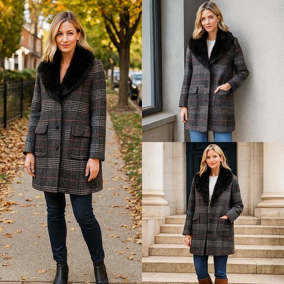Liz Claiborne Y2K Plaid Coat w/ Removable Real Raccoon Fur Collar — Early 2000s - Picture 2 of 13
